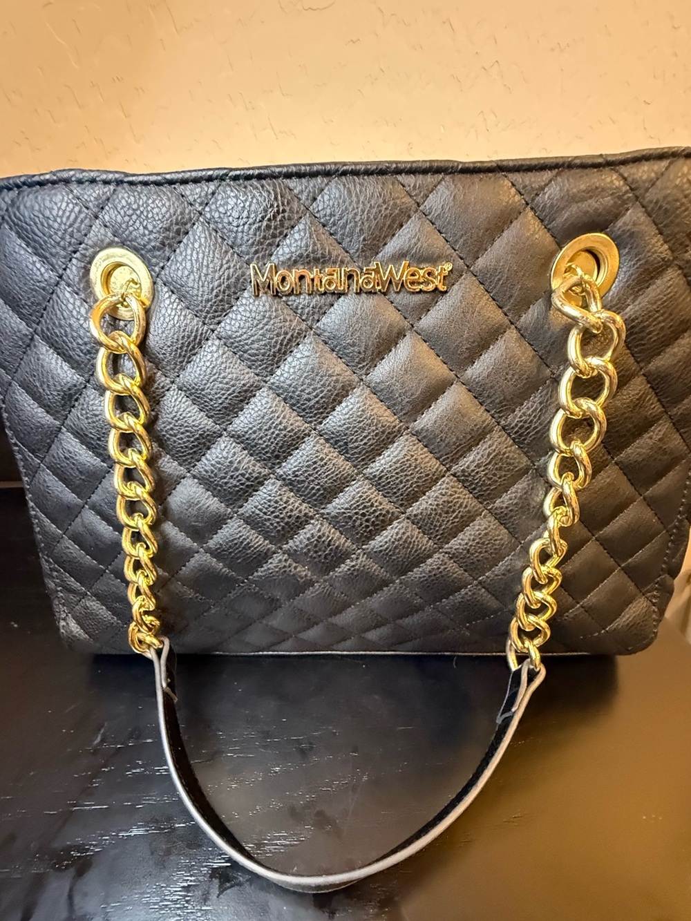 Montana West Black Quilted Tote with Gold Chain Straps